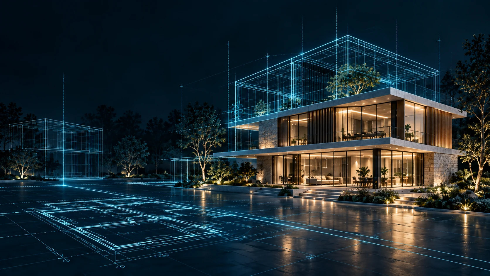 Arquitectura nocturna que combina planos cian, estructura y materiales iluminados